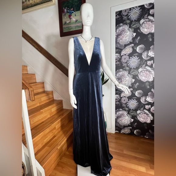 French Blue Jenny Yoo Logan Deep-V Velvet Column Gown - Picture 7 of 9